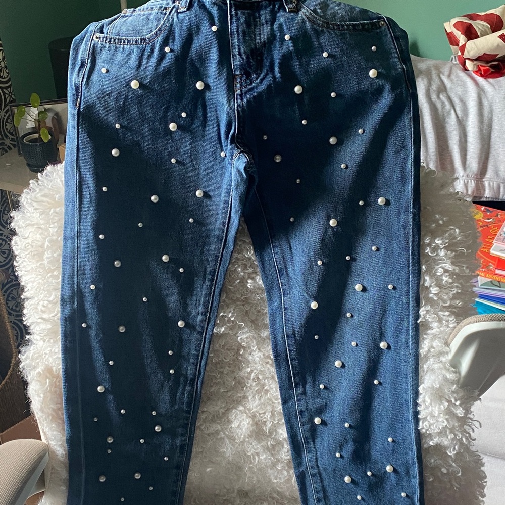 Ashley Mason Blue Pearl-Studded Straight Leg Jeans